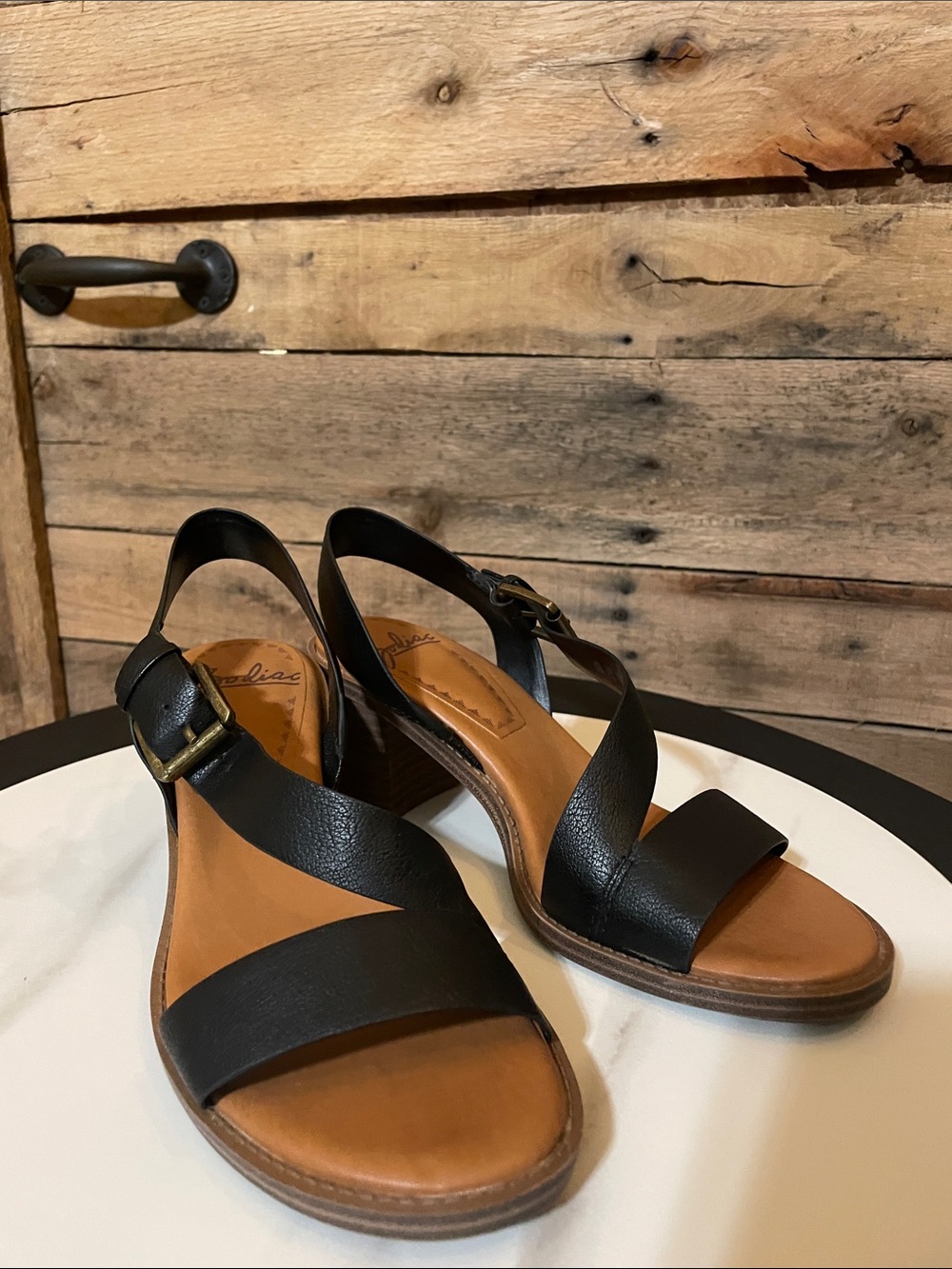 Zodiac Black Leather Slingback Sandals with Tan Footbed